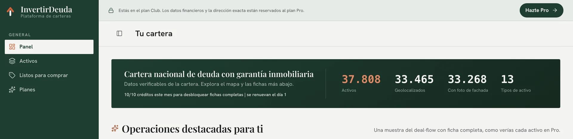 Panel de InvertirDeuda con el plan Gratis: 37.808 activos, 33.465 geolocalizados, 33.268 con foto de fachada y 13 tipos de activo.